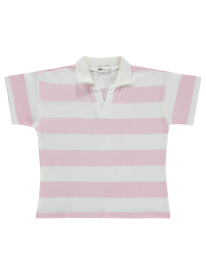 Civil Girls Çizgili Polo Yaka 6-9 Yaş Tişört - Pudra