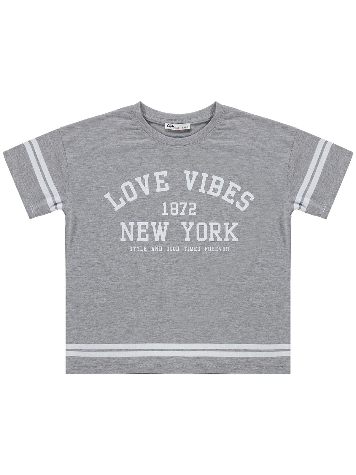 Civil Girls Love Vibes Baskılı 10-13 Yaş Tişört - Gri