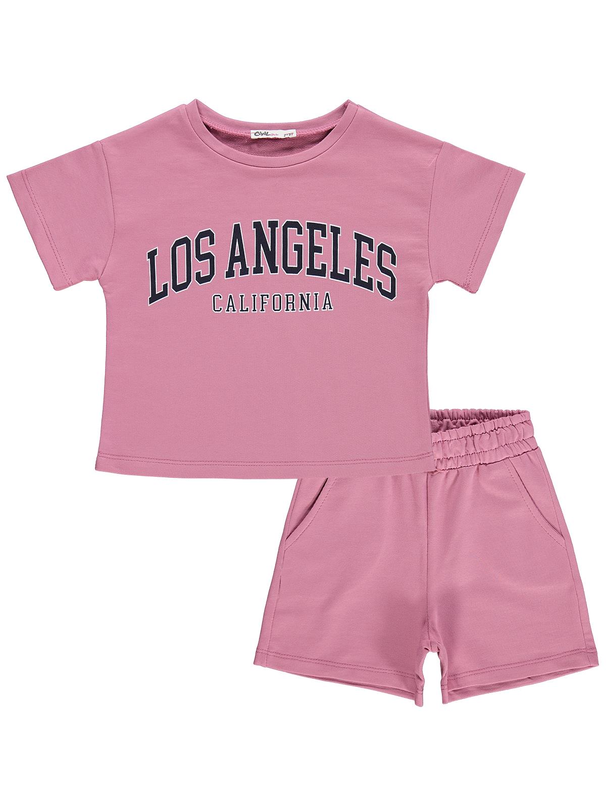 Civil Girls Los Angeles Baskılı Şortlu 2-5 Yaş Takım - Pembe