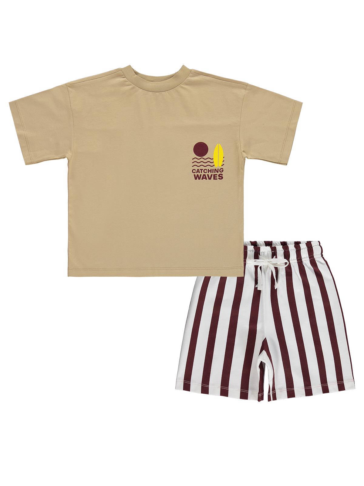 Civil Boys Catchineg Waves Baskılı 2'Li 3-9 Yaş Takım - Bej