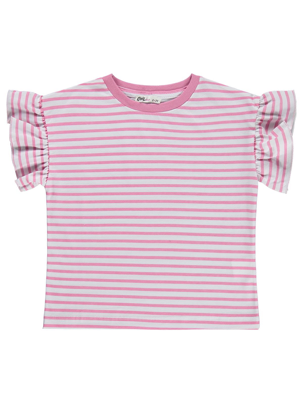 Civil Girls Çizgili Volan Kol 10-13 Yaş Tişört - Pembe