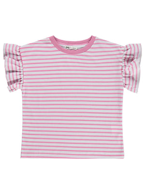Civil Girls Çizgili Volan Kol 10-13 Yaş Tişört - Pembe