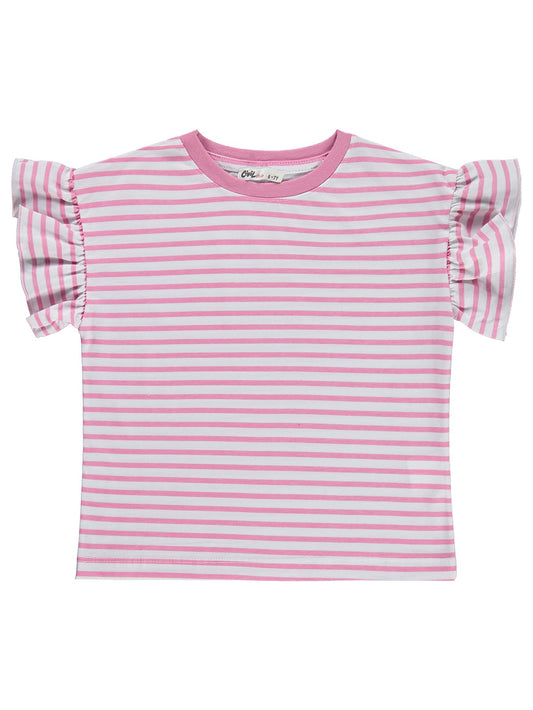 Civil Girls Çizgili Volan Kol 6-9 Yaş Tişört - Pembe