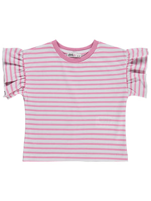 Civil Girls Çizgili Volan Kol 2-5 Yaş Tişört - Pembe