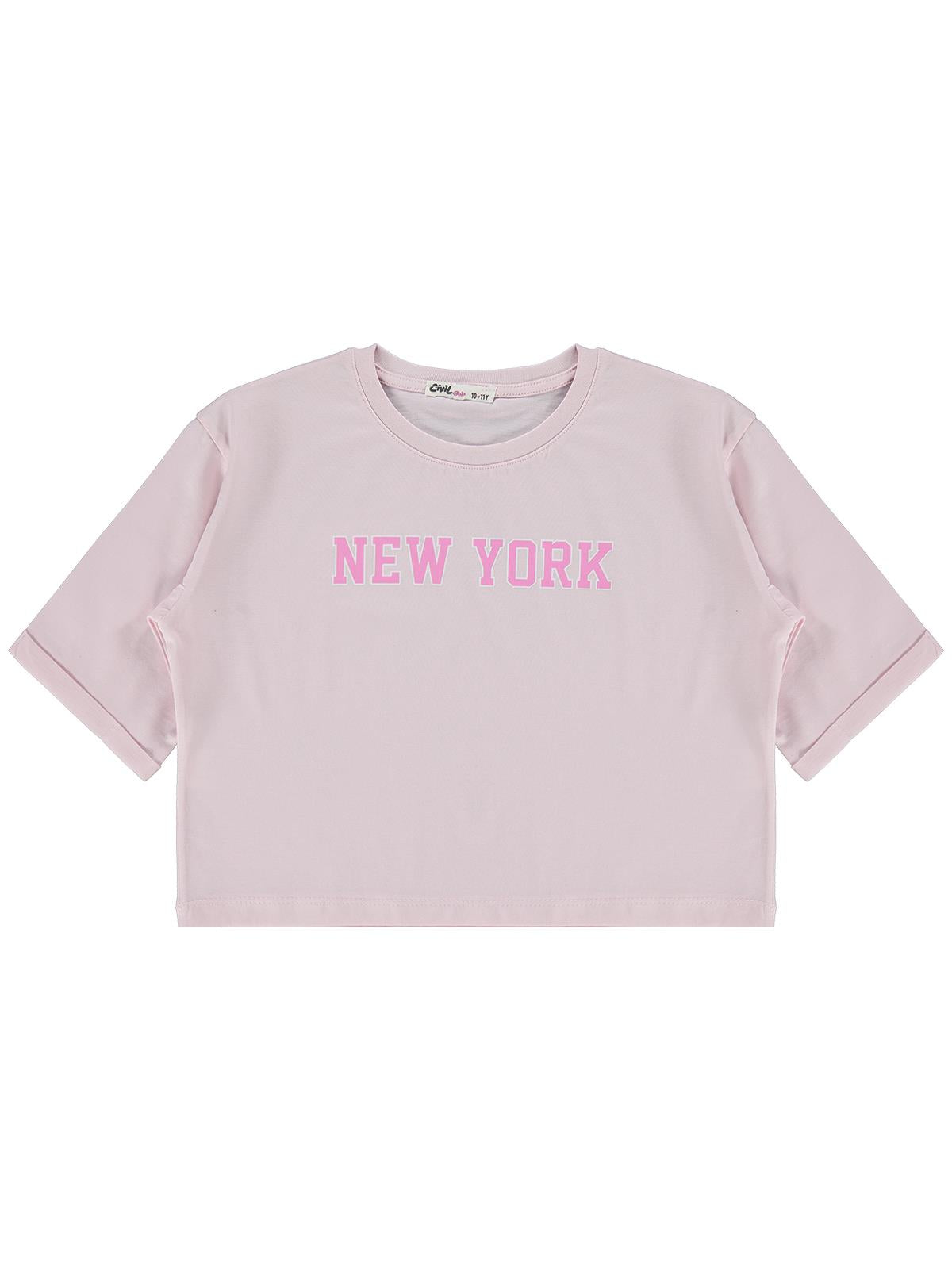 Civil Girls New York Baskılı 10-13 Yaş Tişört - Pudra