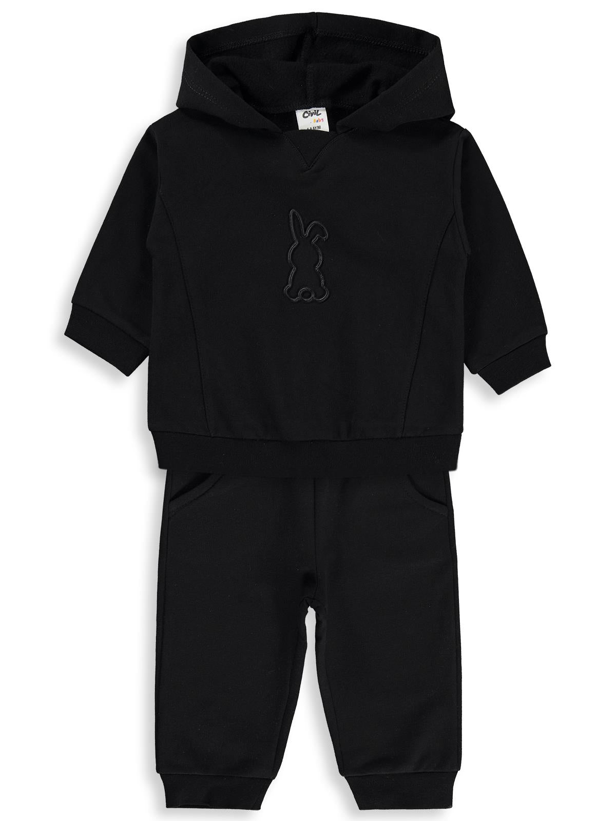 Civil Baby Tavşan Baskılı Kapşonlu Basic 6-18 Ay Takım - Siyah