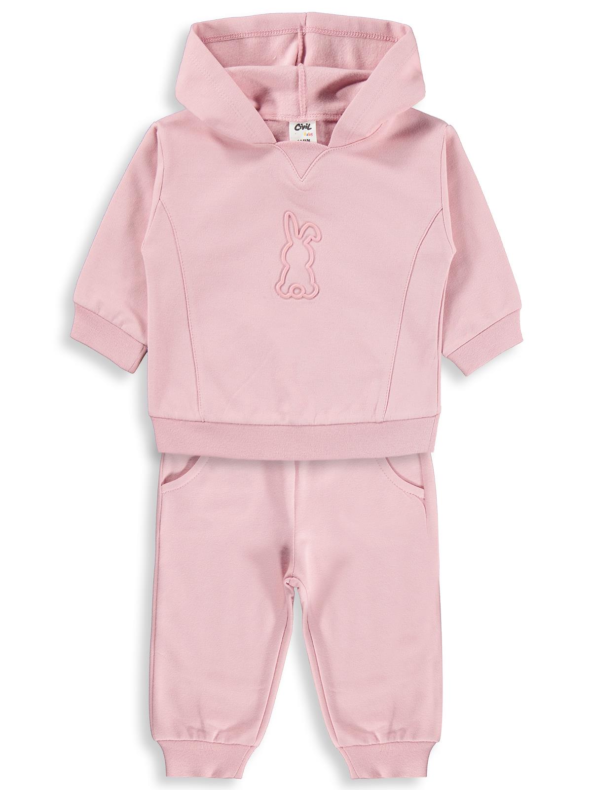Civil Baby Tavşan Baskılı Kapşonlu Basic 6-18 Ay Takım - Pembe