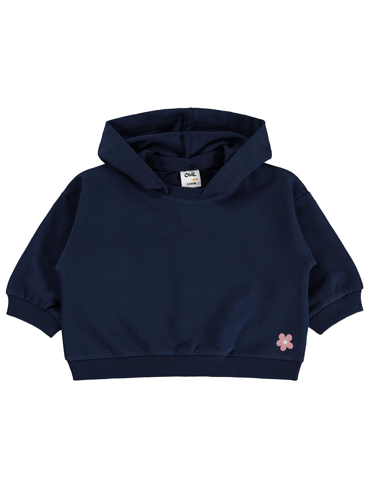 Civil Baby Çiçek Nakışlı Kapşonlu Basic 6-18 Ay Sweatshirt - Lacivert