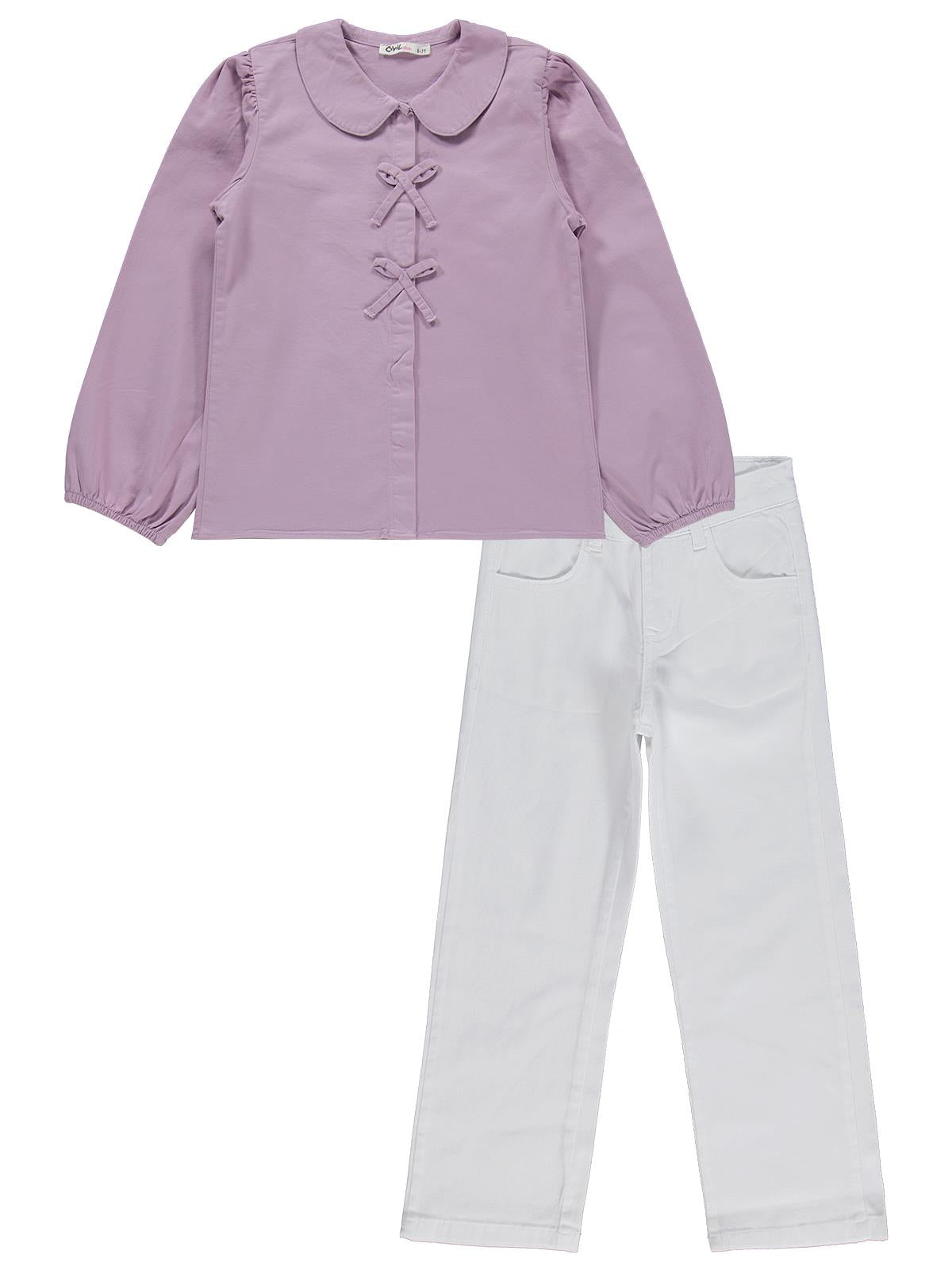 Civil Girls Fiyonklu Gömlek Pantolon İkili 6-9 Yaş Takım - Lila