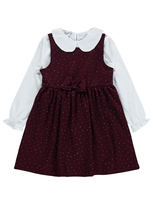 Civil Girls Taş Baskılı 10-13 Yaş Elbise - Bordo