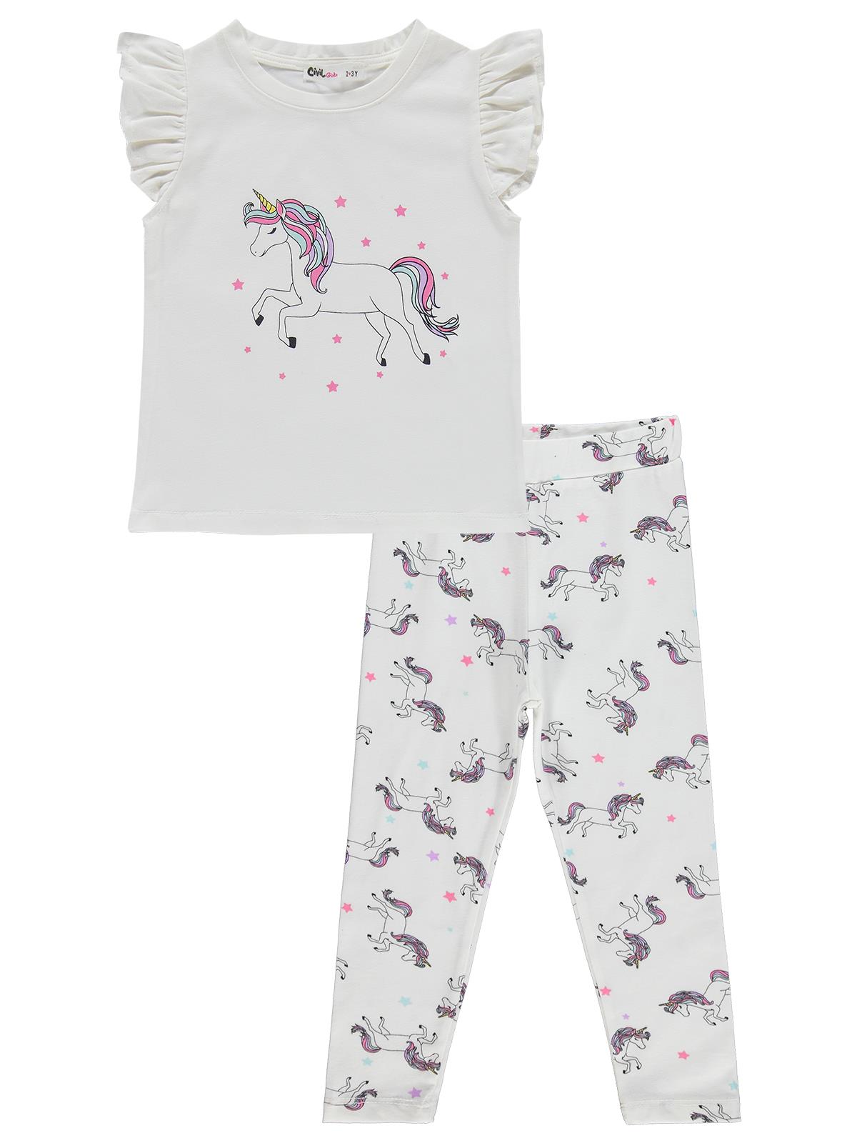Civil Girls Unicorn Baskılı  2-5 Yaş Takım - Ekru