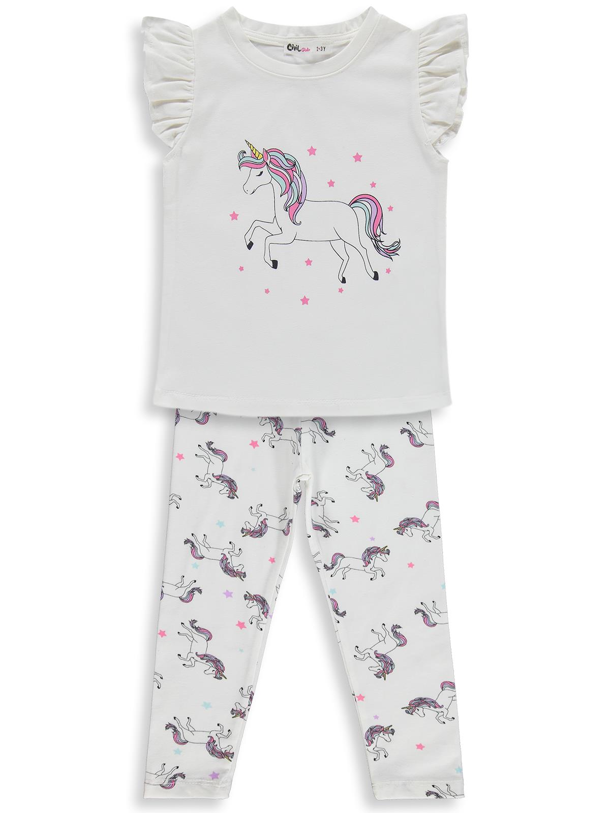 Civil Girls Unicorn Baskılı  2-5 Yaş Takım - Ekru