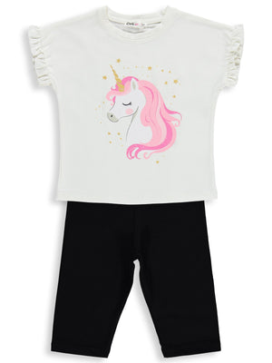 Civil Girls Unicorn Baskılı  2-5 Yaş Takım - Ekru