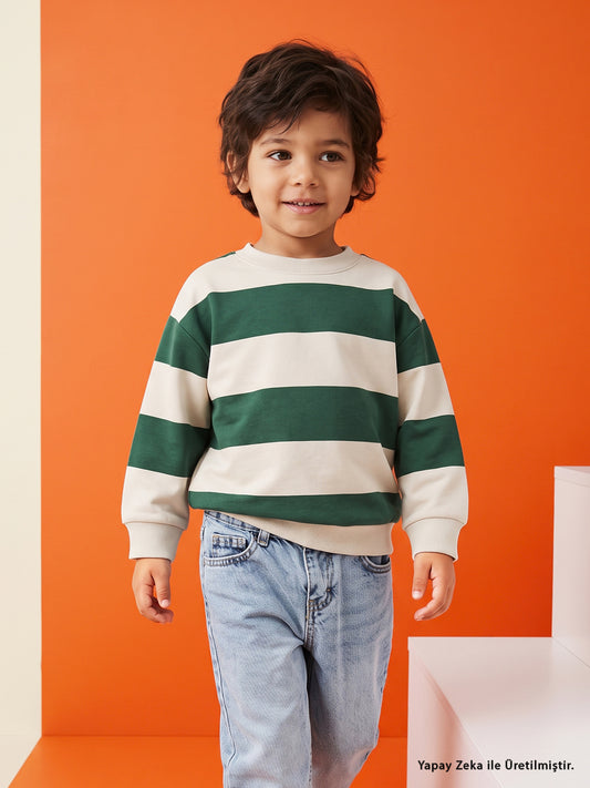 Civil Erkek Çocuk Kalın Çizgili Basic Sweatshirt | 2 İp Uzun Kol | Okul Kreş ve Günlük Kullanım - Yeşil