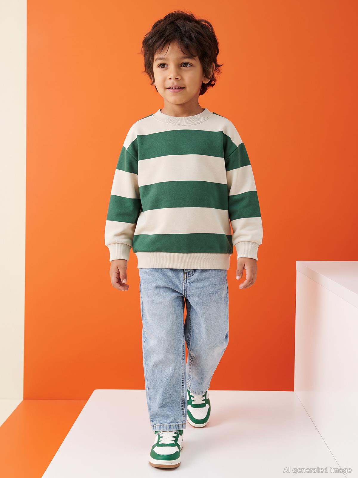 Civil Boys Kalın Çizgili Basic 2-5 Yaş Sweatshirt - Yeşil