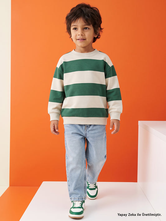 Civil Erkek Çocuk Kalın Çizgili Basic Sweatshirt | 2 İp Uzun Kol | Okul Kreş ve Günlük Kullanım - Yeşil