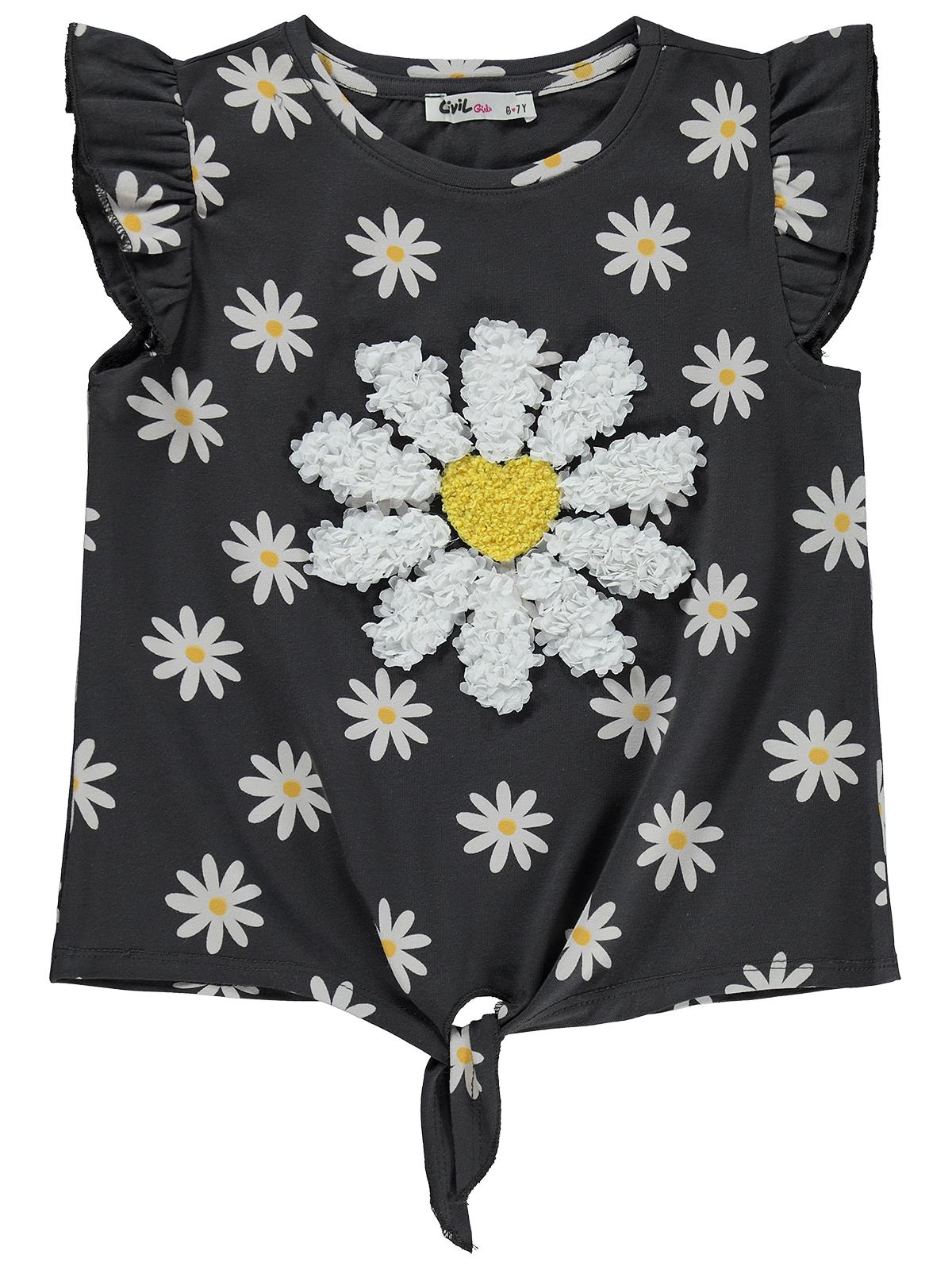 Civil Girls Papatya Desenli 6-9 Yaş Tişört - Gri