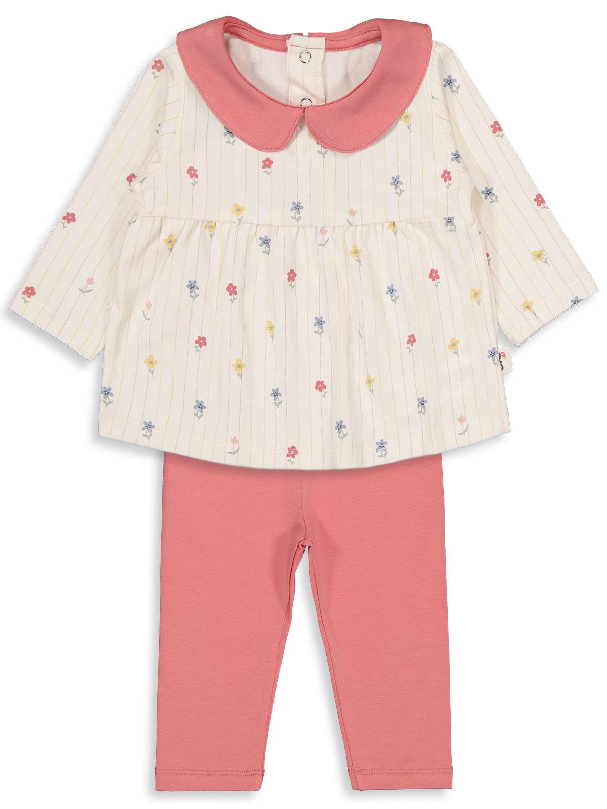 Civil Baby Çizgili Çiçek Empirme Bebe Yaka 6-18 Ay Takım - Pembe