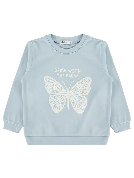 Civil Kız Çocuk Kelebek Baskılı Sweatshirt Km | İnterlok Uzun Kol | Okul Kreş ve Günlük Kullanım - Mavi