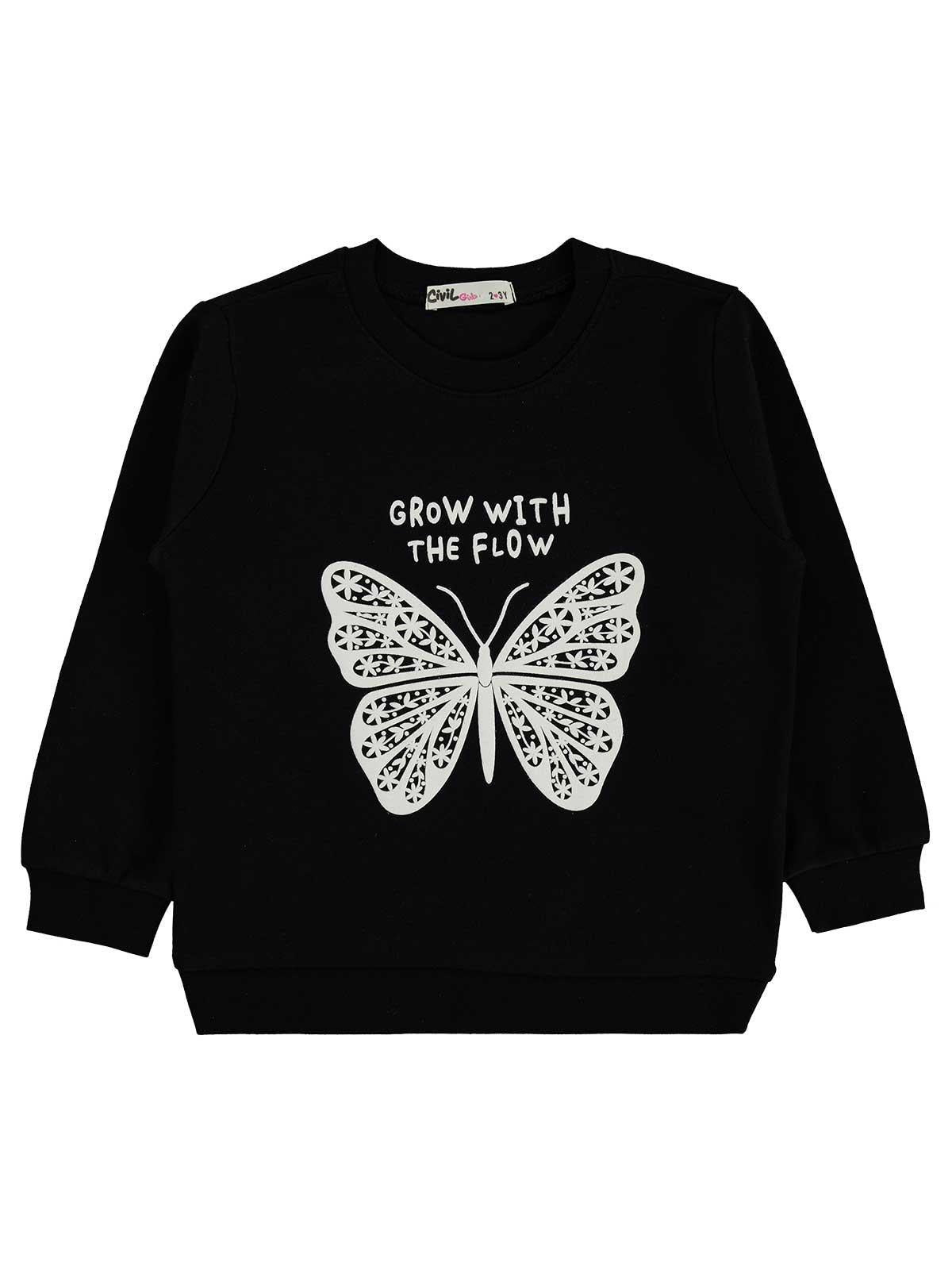 Civil Girls Kelebek Baskılı 2-5 Yaş Sweatshirt  - Siyah