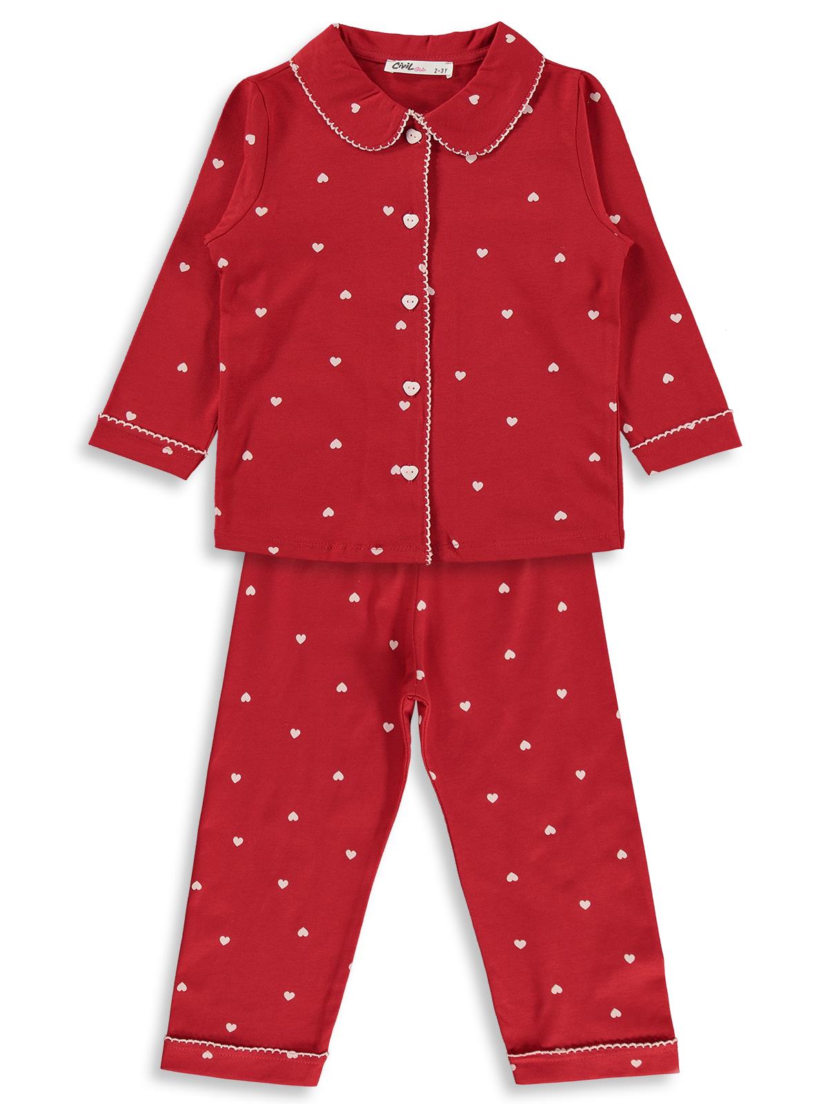Civil Girls Kız Çocuk Kalpli Pijama Takımı | Süprem Uzun Kol | Okul Kreş ve Günlük Kullanım - Kırmızı