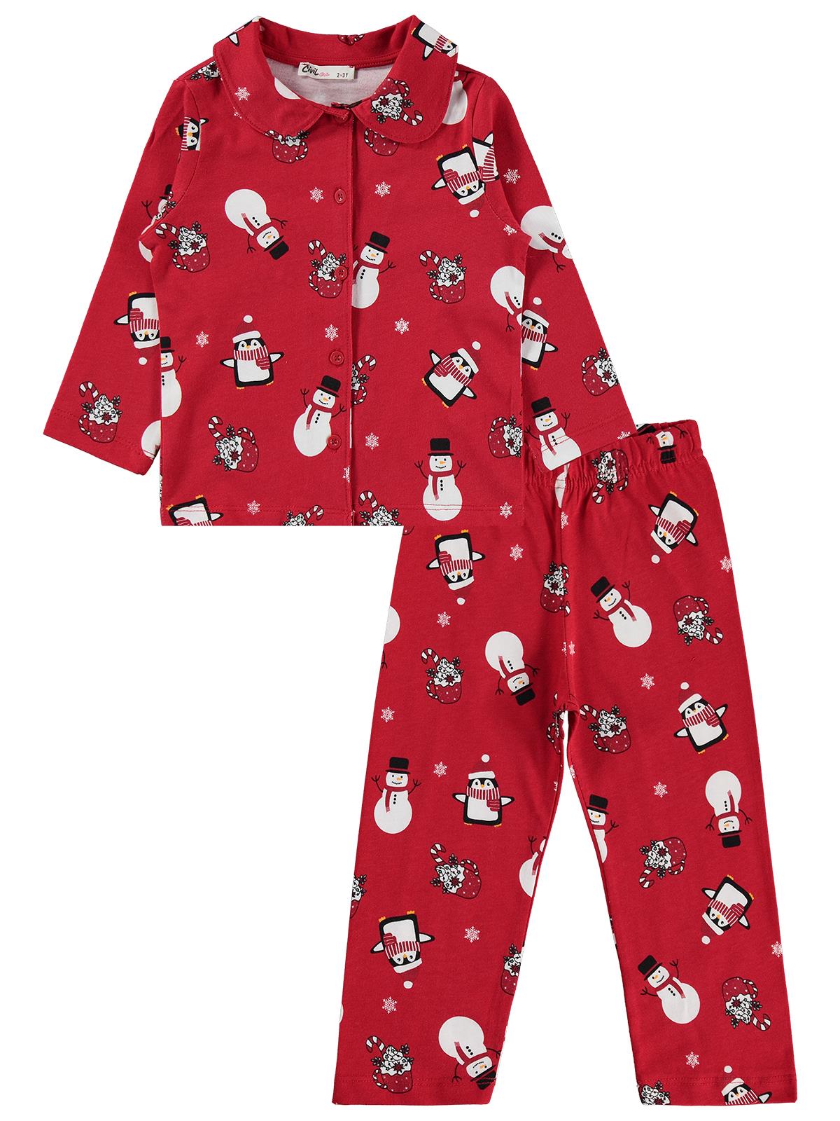 Civil Girls Kardan Adam Baskılı 2-5 Yaş Pijama Takımı - Kırmızı