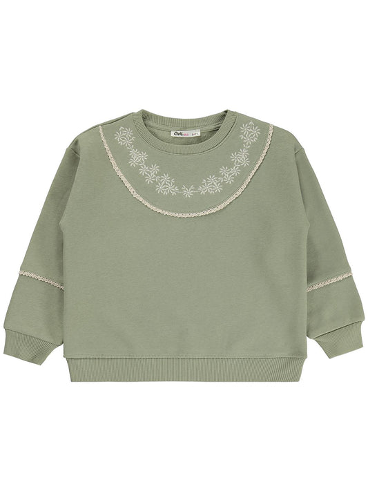 Civil Girls Çiçek Nakışlı 6-9 Yaş Sweatshirt - Haki