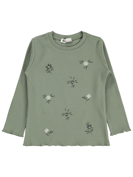 Civil Kız Çocuk Çiçek Baskılı Sweatshirt | Kaşkorse Uzun Kol | Okul Kreş ve Günlük Kullanım - Haki