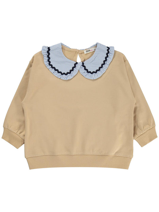 Civil Kız Çocuk Yakası Fırfırlı Sweatshirt | 2 İp Uzun Kol Bebe Yaka | Okul Kreş ve Günlük Kullanım - Bej
