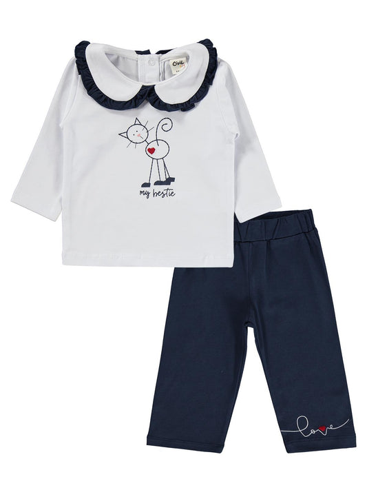 Civil Baby Kedi Baskı Nakışlı 6-18 Ay Takım - Beyaz