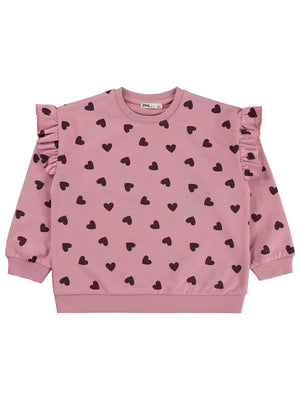 Civil Kız Çocuk Kalp Desenli Sweatshirt | 2 İp Uzun Kol Bisiklet Yaka | Okul Kreş ve Günlük Kullanım - Pembe