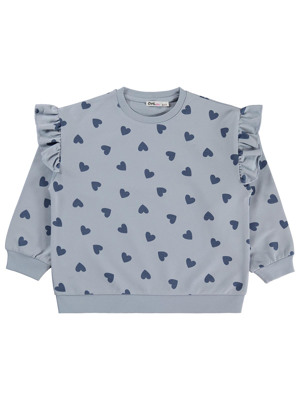 Civil Kız Çocuk Kalp Desenli Sweatshirt | 2 İp Uzun Kol Bisiklet Yaka | Okul Kreş ve Günlük Kullanım - Mavi