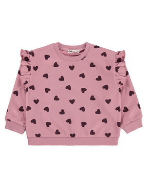 Civil Kız Çocuk Kalp Desenli Sweatshirt | 2 İp Uzun Kol Bisiklet Yaka | Okul Kreş ve Günlük Kullanım - Pembe