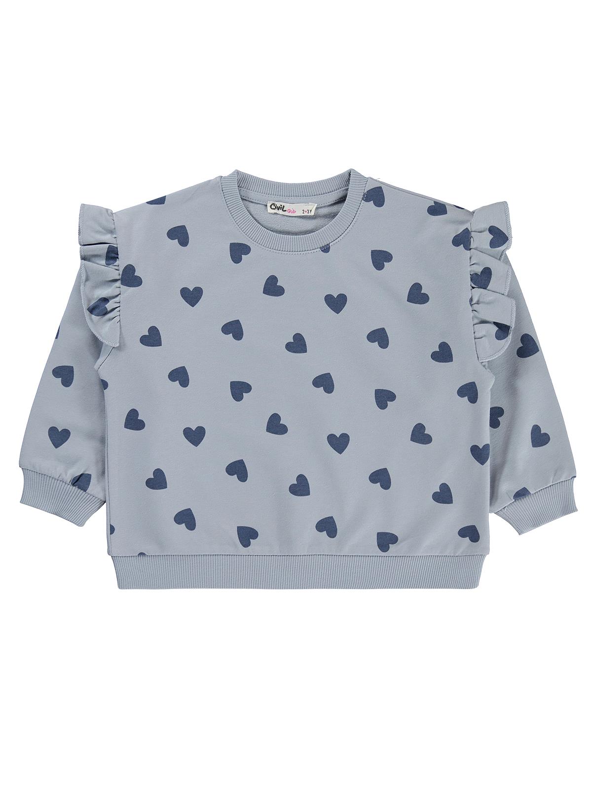 Civil Kız Çocuk Kalp Desenli Sweatshirt | 2 İp Uzun Kol Bisiklet Yaka | Okul Kreş ve Günlük Kullanım - Mavi