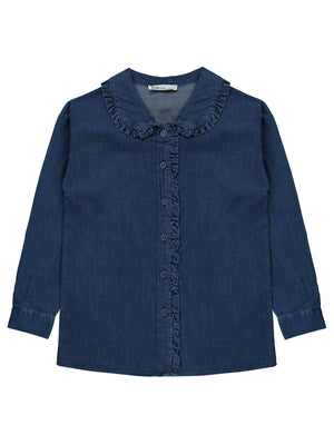 Civil Girls Fırfır Detaylı Denim 6-9 Yaş Gömlek - Mavi