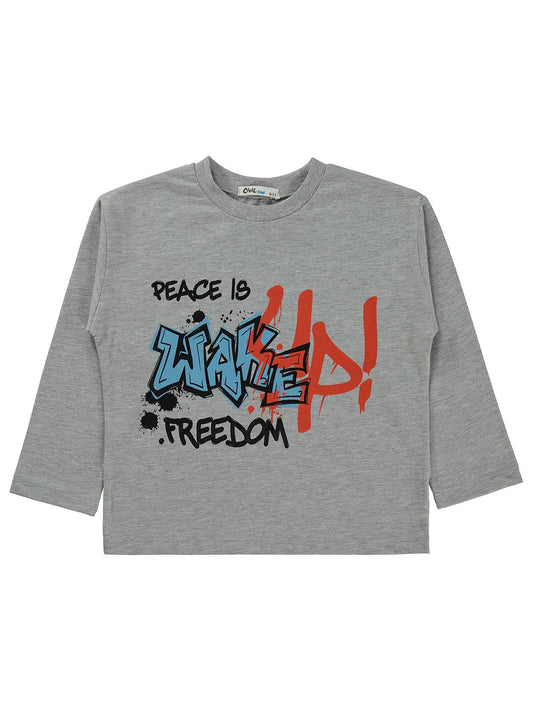 Civil Erkek Çocuk Wake Up Baskılı Sweatshirt Km | Süprem Uzun Kol | Okul Kreş ve Günlük Kullanım - Gri