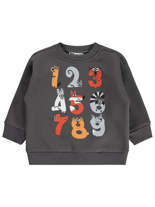 Civil Erkek Çocuk Sevimli Rakamlar Baskılı Sweatshirt Km | 3 İp | Okul Kreş ve Günlük Kullanım - Gri