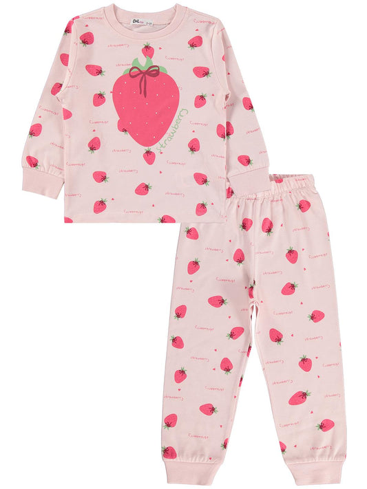 Civil Kız Çocuk Çilek Desenli Pijama Takımı | Süprem-Süprem Uzun Kol | Okul Kreş ve Günlük Kullanım - Pudra