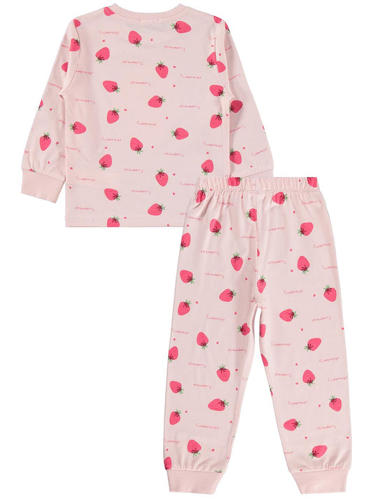 Civil Kız Çocuk Çilek Desenli Pijama Takımı | Süprem-Süprem Uzun Kol | Okul Kreş ve Günlük Kullanım - Pudra