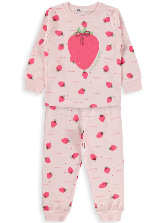 Civil Kız Çocuk Çilek Desenli Pijama Takımı | Süprem-Süprem Uzun Kol | Okul Kreş ve Günlük Kullanım - Pudra