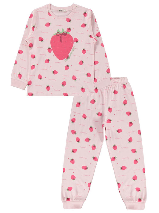 Civil Girls Kız Çocuk Çilek Desenli Pijama Takımı | Süprem-Süprem Uzun Kol | Okul Kreş ve Günlük Kullanım - Pudra