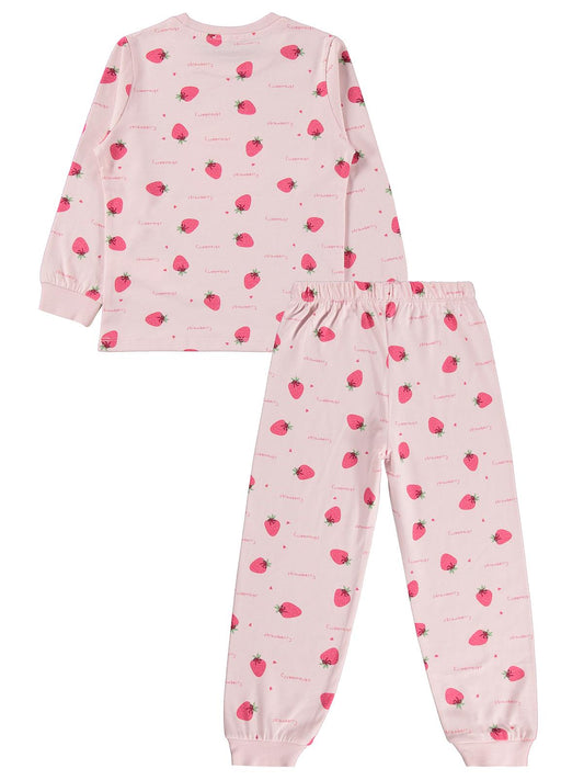 Civil Girls Kız Çocuk Çilek Desenli Pijama Takımı | Süprem-Süprem Uzun Kol | Okul Kreş ve Günlük Kullanım - Pudra