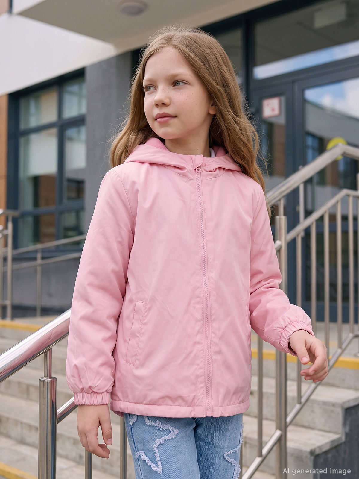 Civil Girls Polarlı Düz 6-9 Yaş Yağmurluk - Pudra