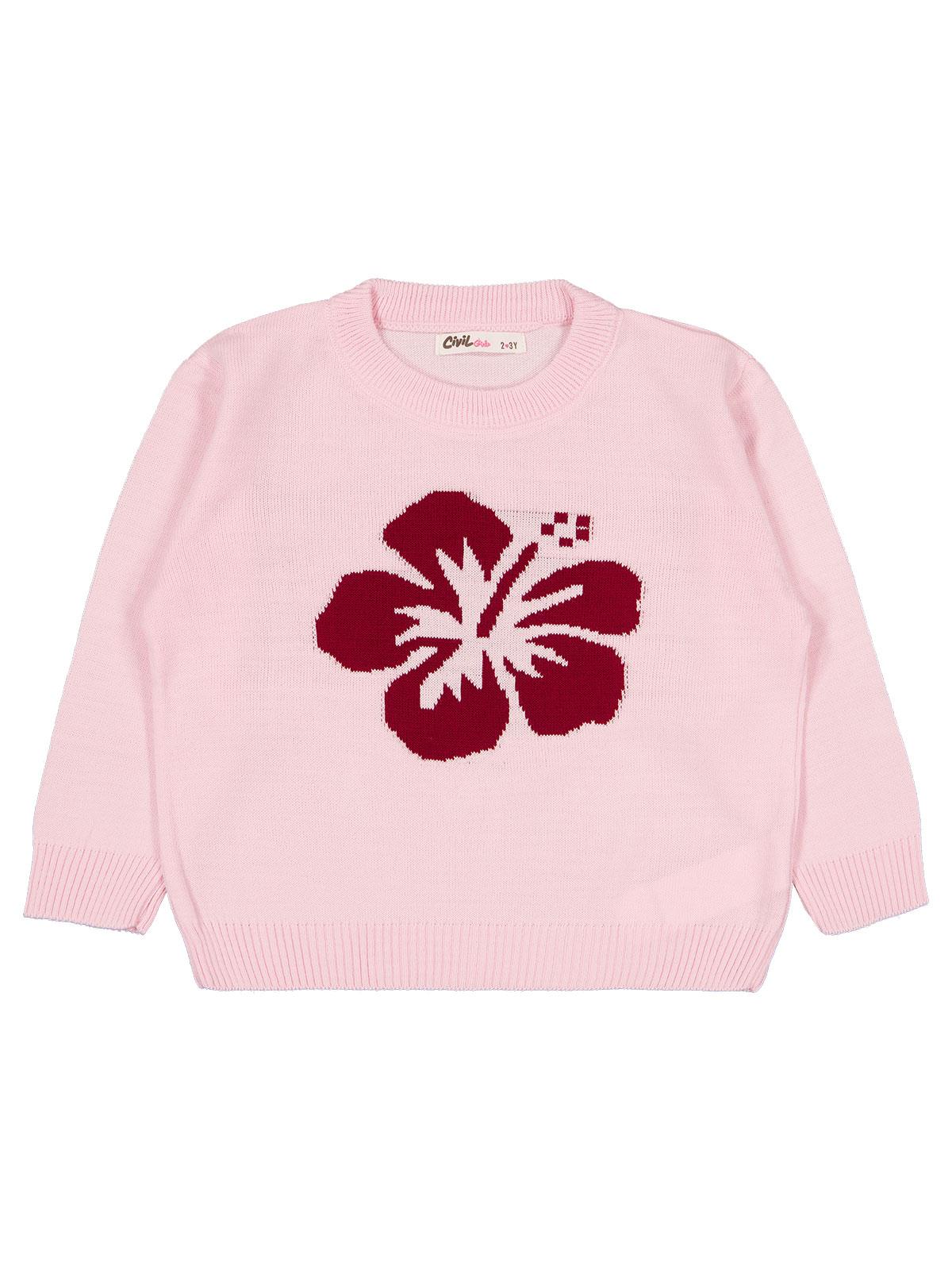 Civil Girls Hibiskus Desenli 2-5 Yaş Kazak  - Pembe