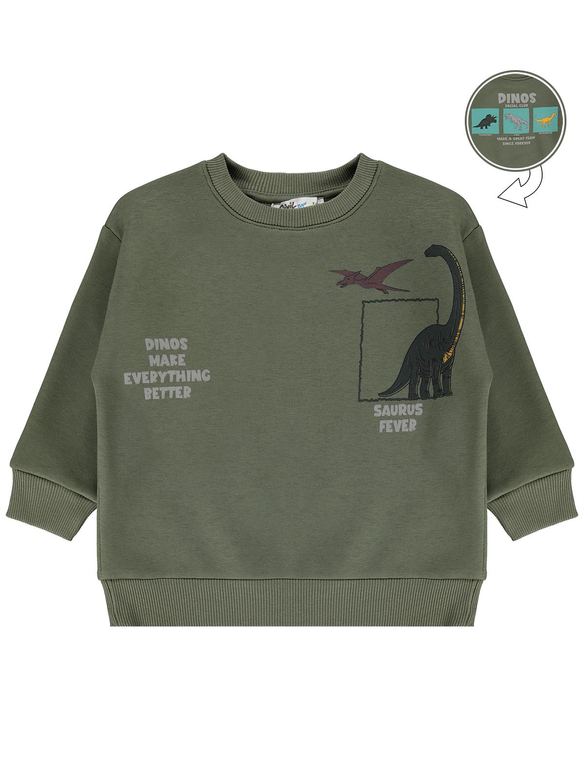 Civil Erkek Çocuk Dınos Baskılı Sweatshirt | 3 İp Uzun Kol | Okul Kreş ve Günlük Kullanım - Haki