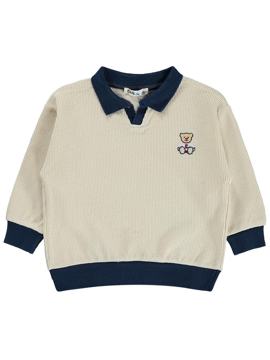 Civil Erkek Çocuk Ayıcık Nakışlı Polo Yaka Sweatshirt | Selanik | Okul Kreş ve Günlük Kullanım - Bej