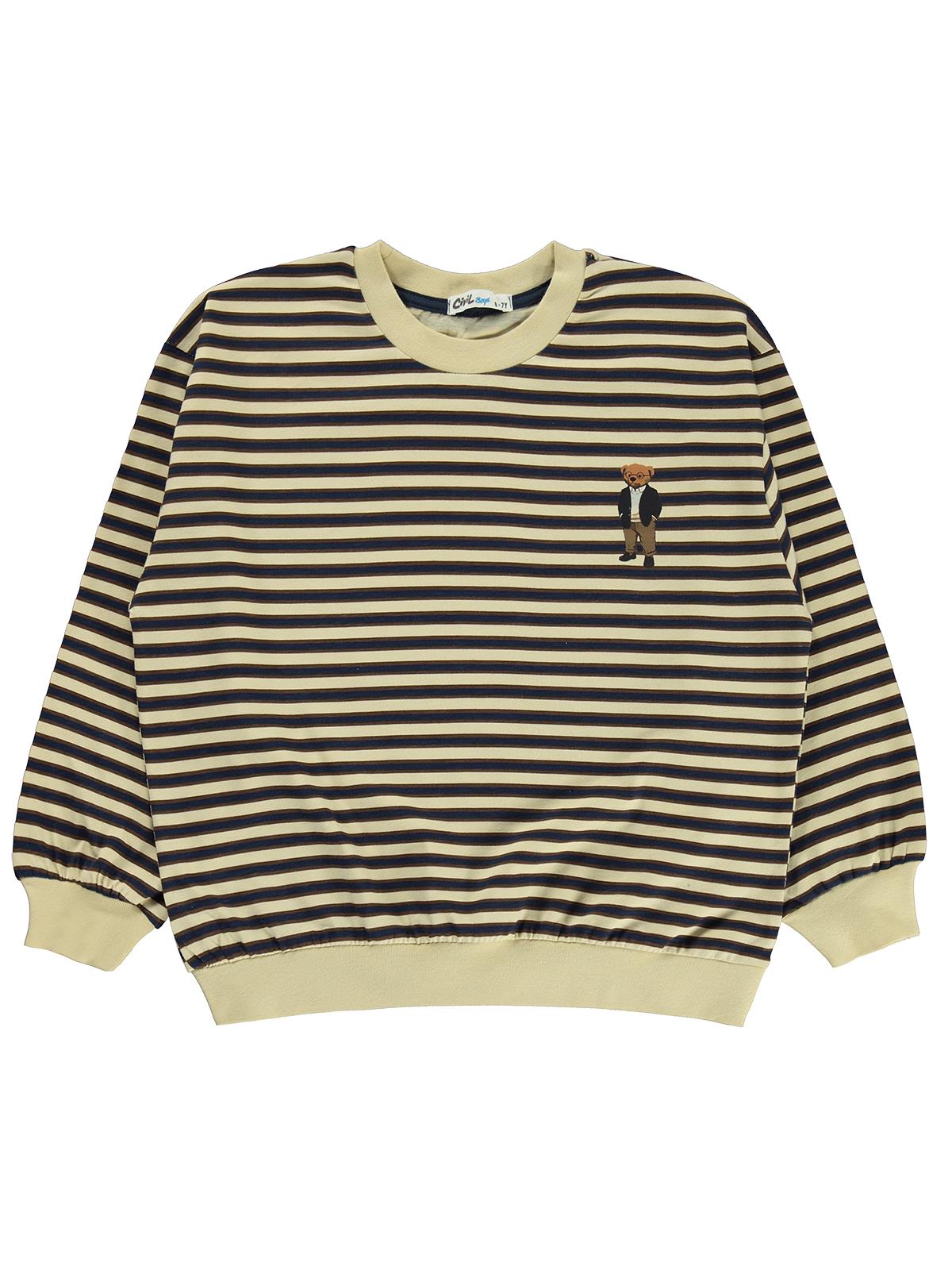 Civil Boys Çizgili Ayı Baskılı 10-13 Yaş Sweatshirt - Bej