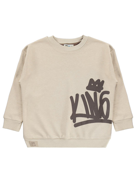 Civil Erkek Çocuk Kıng Baskılı Sweatshirt | 3 İp Uzun Kol | Okul Kreş ve Günlük Kullanım - Bej