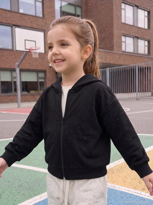 Civil Girls Kız Çocuk Taş Baskılı Hırka | Oysho Uzun Kol Kapşonlu Baskılı | Okul Kreş ve Günlük Kullanım - Siyah