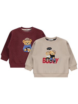 Civil Boys Ayı Baskılı 2'li 2-5 Yaş Sweatshirt - Bordo